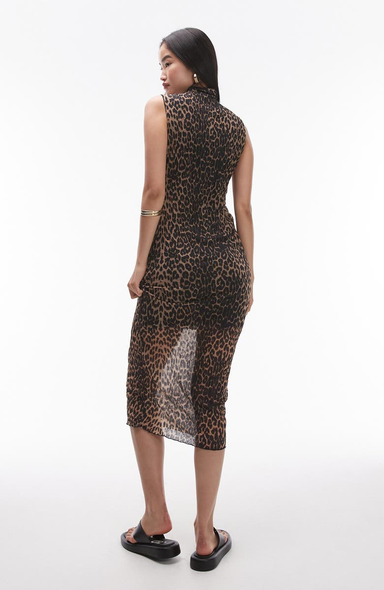 Topshop Leopard Crinkle Funnel Neck Midi Dress, Alternate, color, 