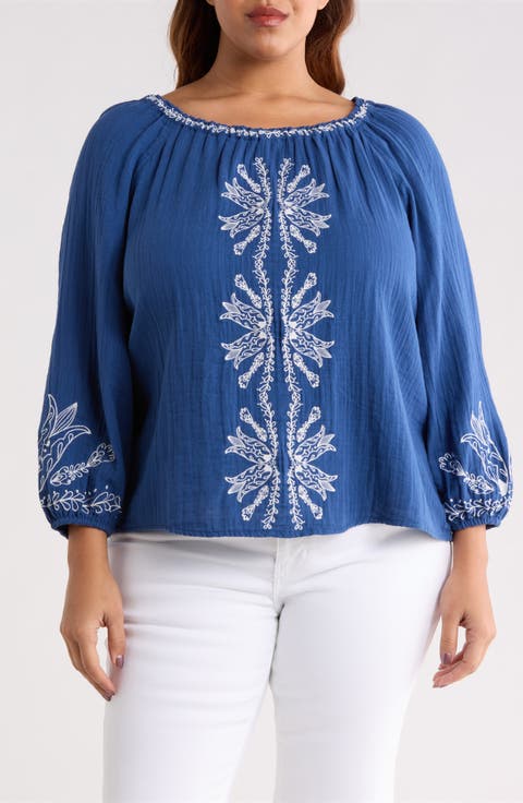 Embroidered Cotton Peasant Top (Plus)