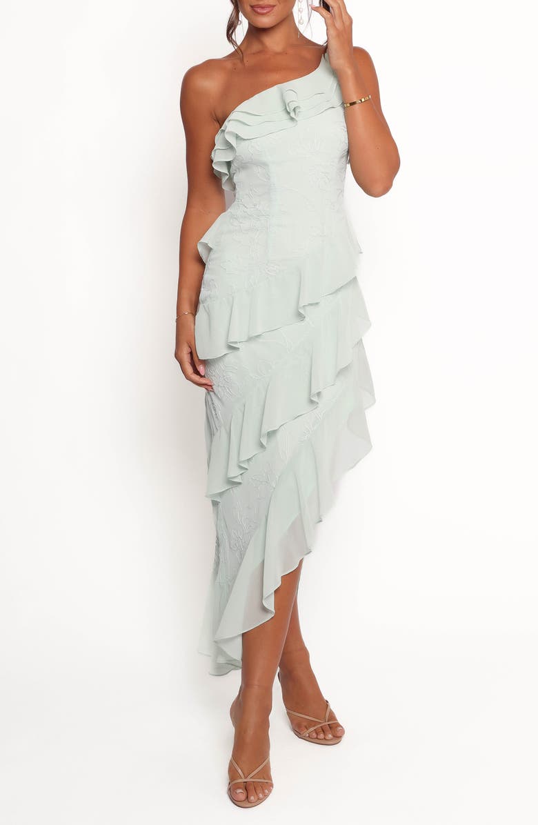 Petal & Pup Marion Embroidered Ruffle One-Shoulder Maxi Cocktail Dress, Main, color, Sage Green