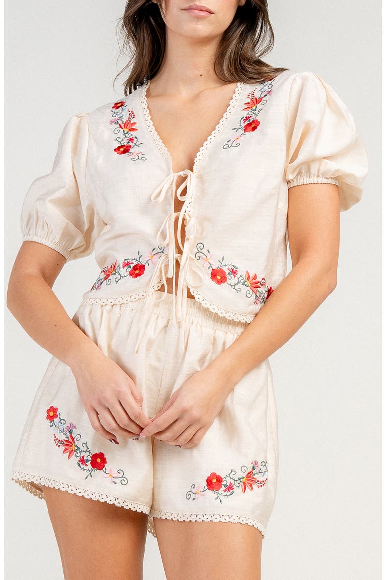 Gauze Embroidered Lace Up Top & Shorts Set, Main, color, NATURAL