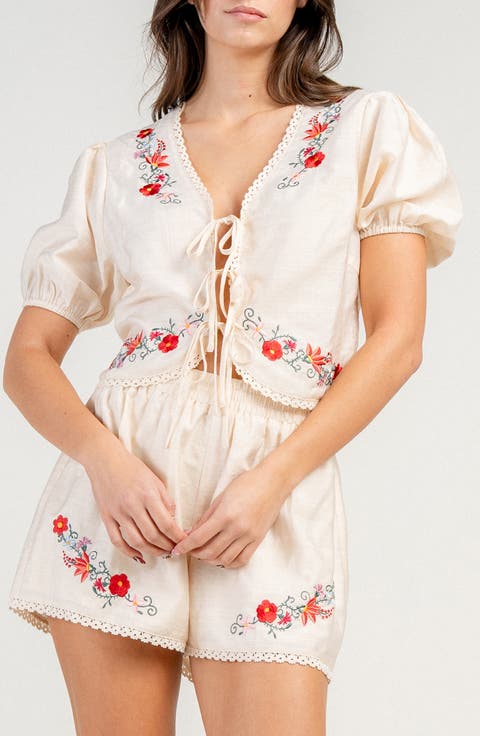 Gauze Embroidered Lace Up Top & Shorts Set