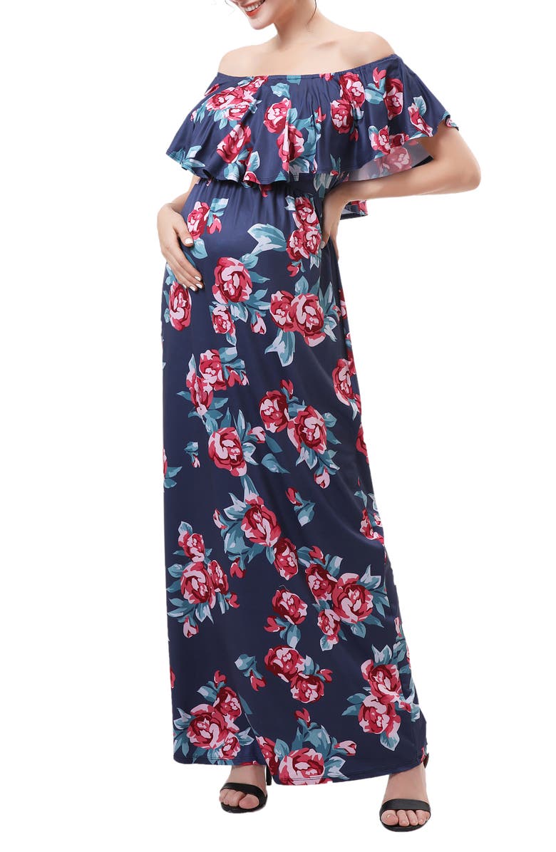 Kimi and Kai Brielle Off the Shoulder Maternity/Nursing Maxi Dress, Alternate, color, Blue