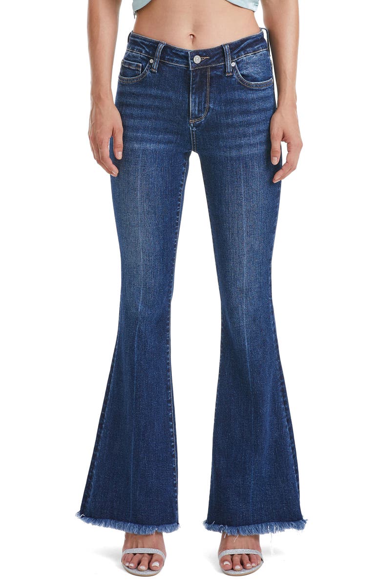 Bayeas Frayed Mid Rise Flare Jeans, Main, color, Deep Sea