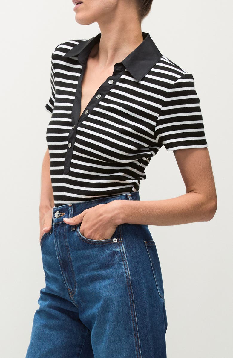 Veronica Beard Kearney Stripe Stretch Cotton Polo, Alternate, color, White Black