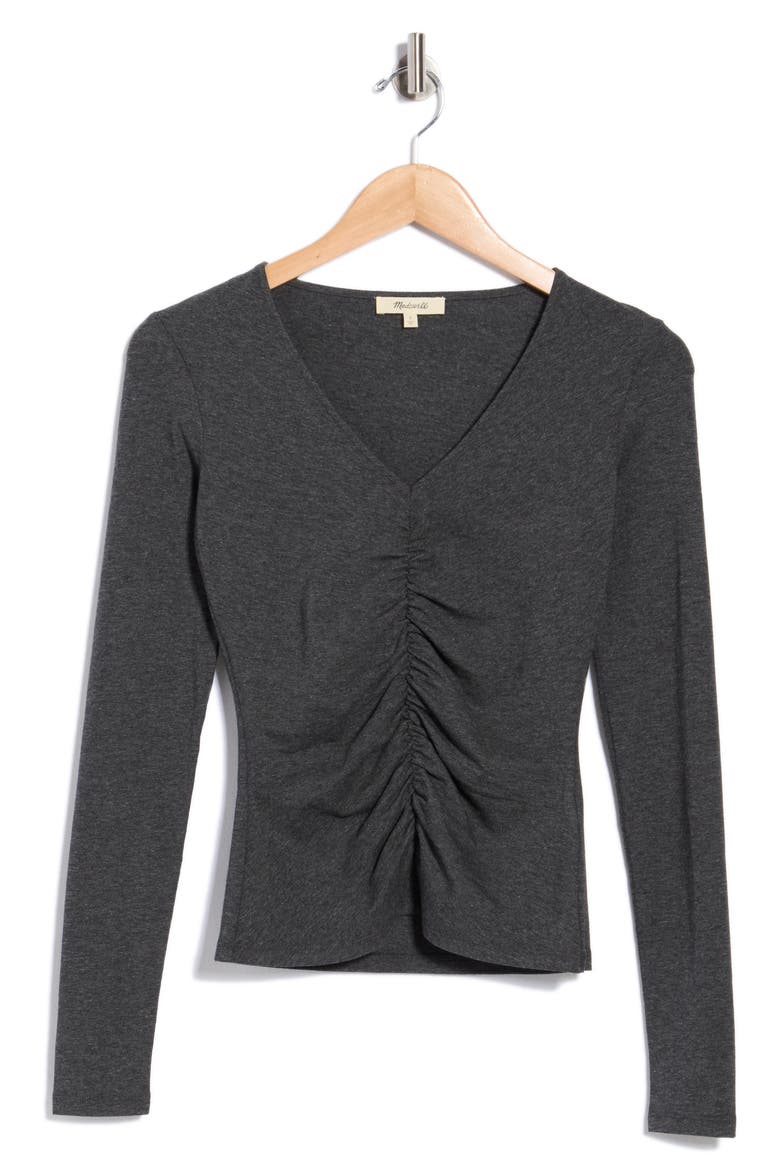 Shirred V-Neck Long Sleeve Top, Alternate, color, HEATHER CHARCOAL
