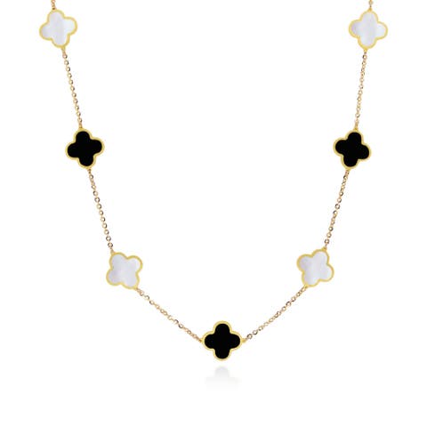 Small Mother of Pearl and Onyx Mixed Clover Necklace