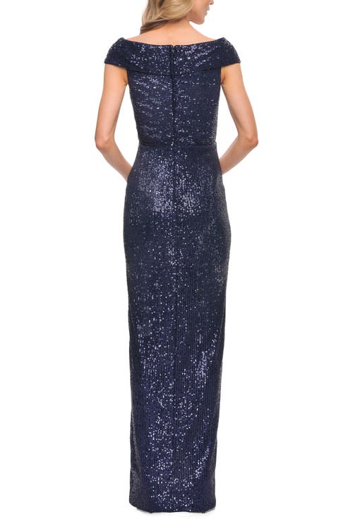 La Femme Sequin Long Evening Dress With Ruching And V Neck In Navy