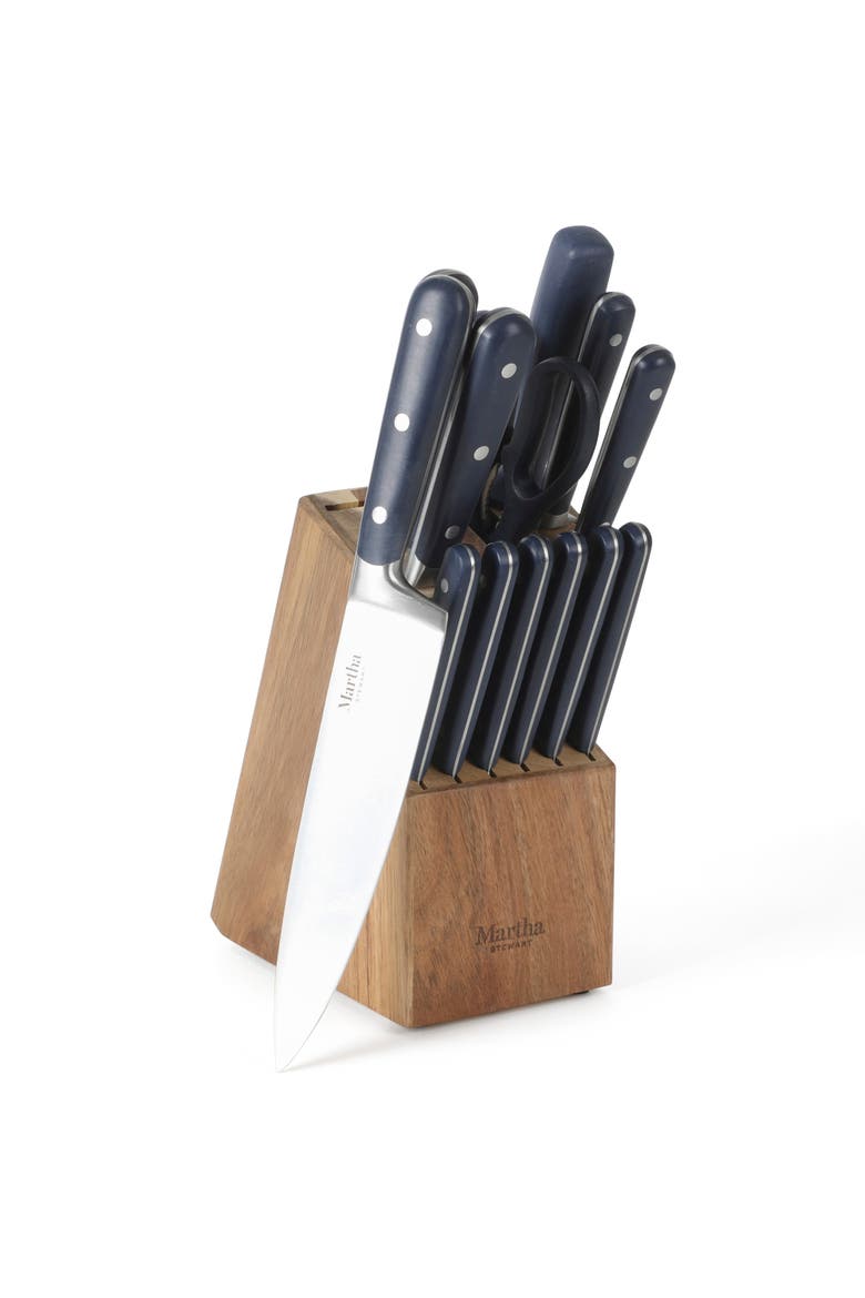 Eastwalk Forged Stainless Steel Knife Block Set with Acacia Wood Block, Main, color, Navy