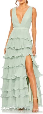 Ieena for Mac Duggal Sleeveless Ruffle Tiered V Neck Gown