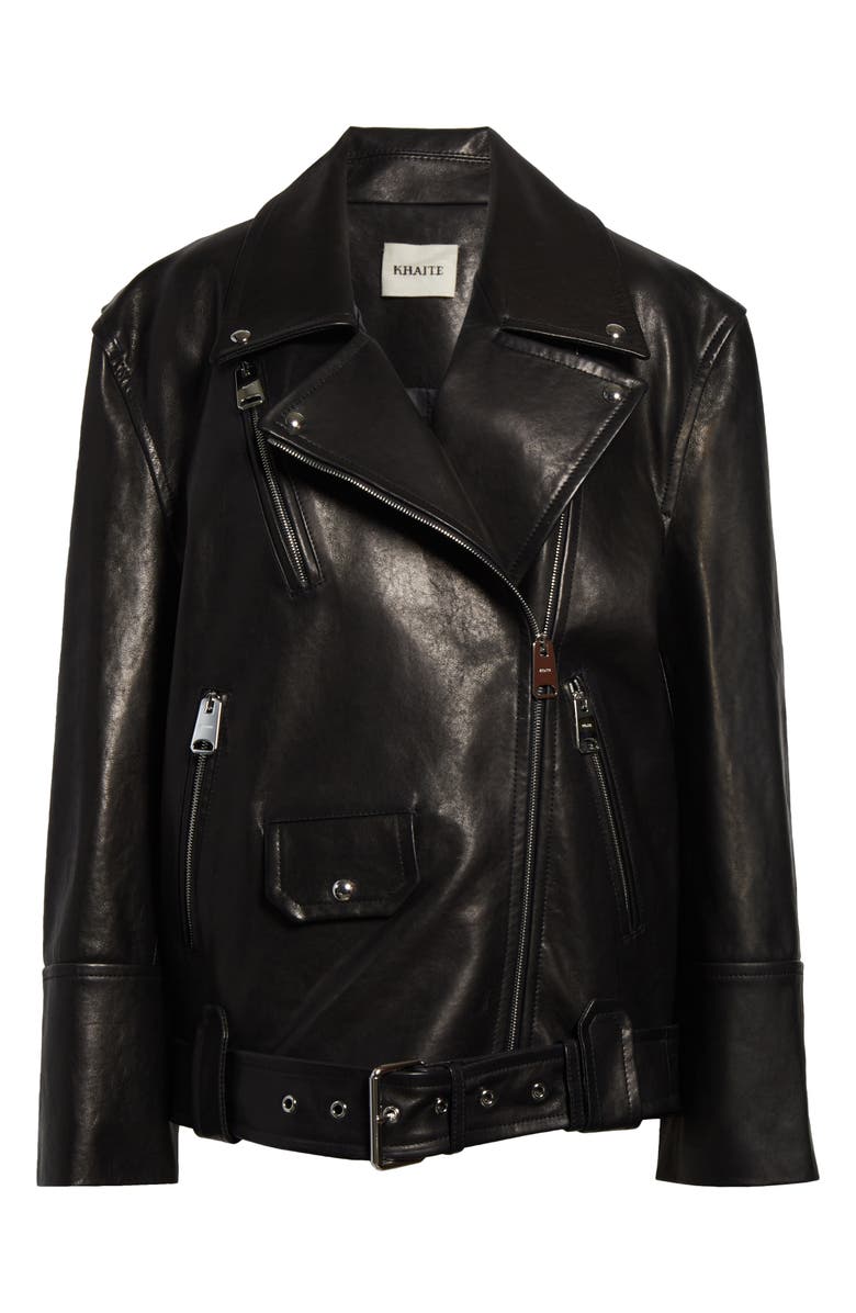 Khaite Hansel Oversize Lambskin Leather Biker Jacket, Alternate, color, Black