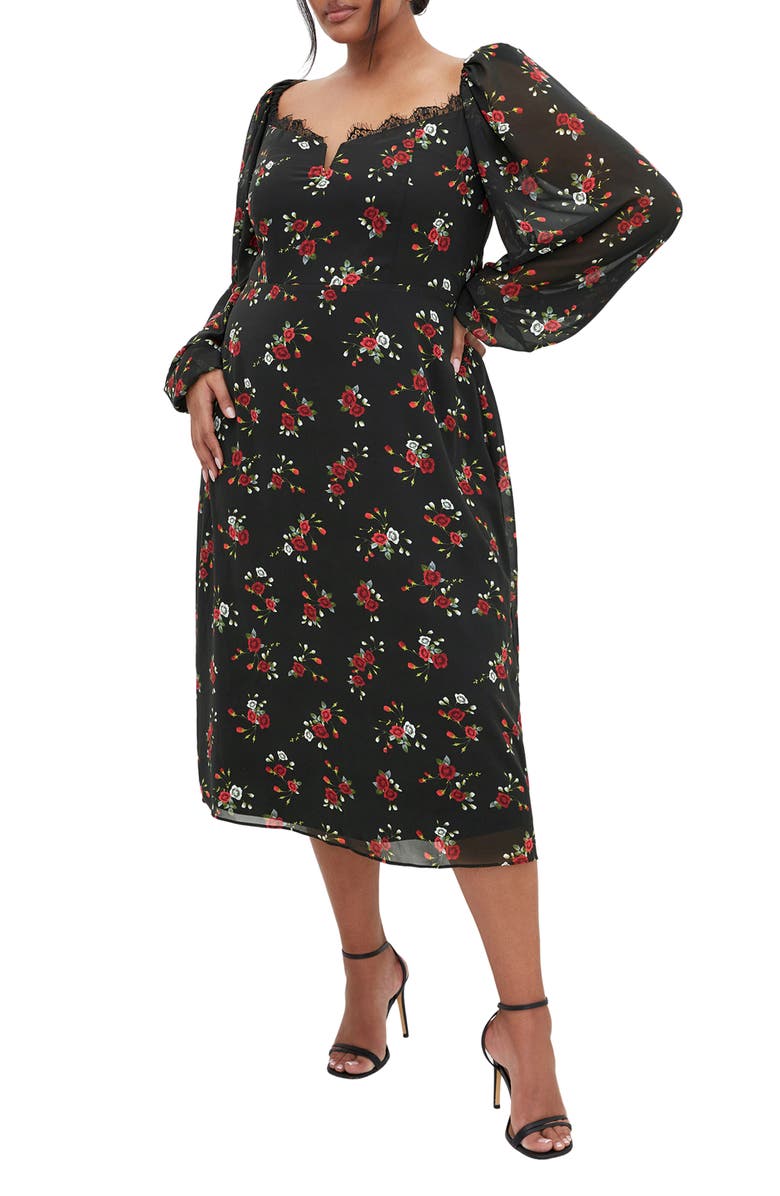 City Chic Orla Floral Long Sleeve Chiffon Midi Dress, Main, color, Dolce Ditsy Blk