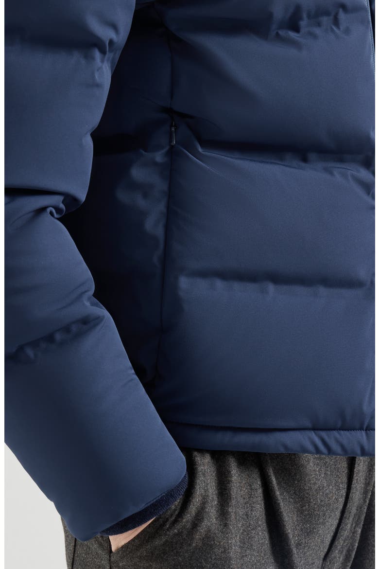 Stretch bonded nylon down jacket with heat-bonded seams and detachable hood, Alternate, color, Blue