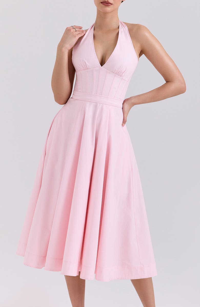 HOUSE OF CB Allena Halter Stretch Cotton Midi Sundress, Alternate, color, Icy Pink