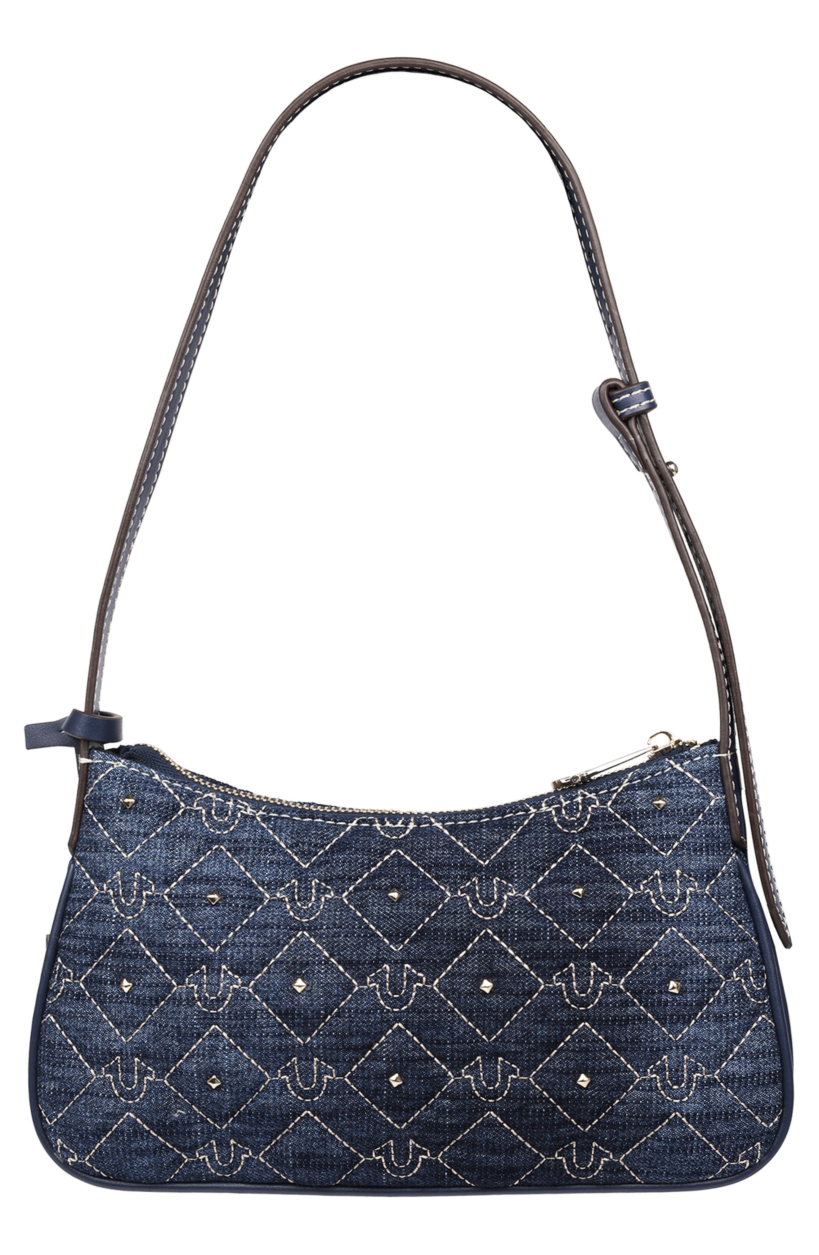 True Religion Studded Horseshoe Denim Shoulder Bag, Alternate, color, Dark Denim