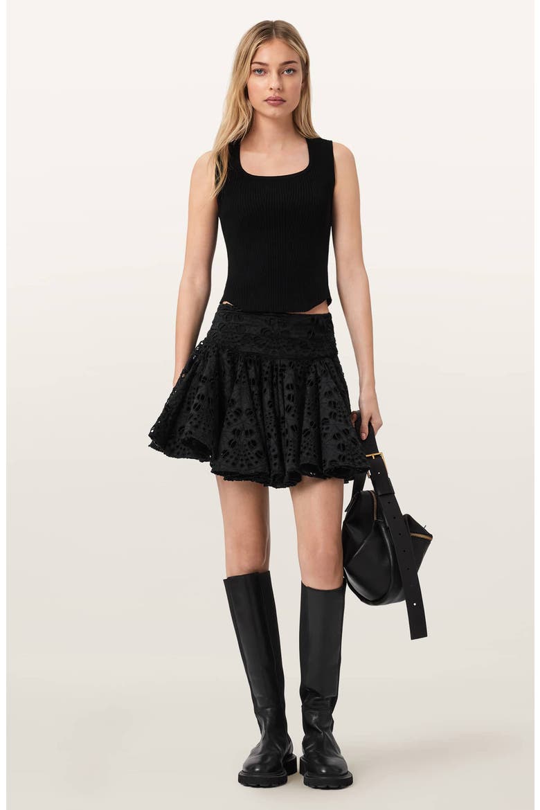 Dotty Pleated Eyelet Miniskirt, Alternate, color, BLACK