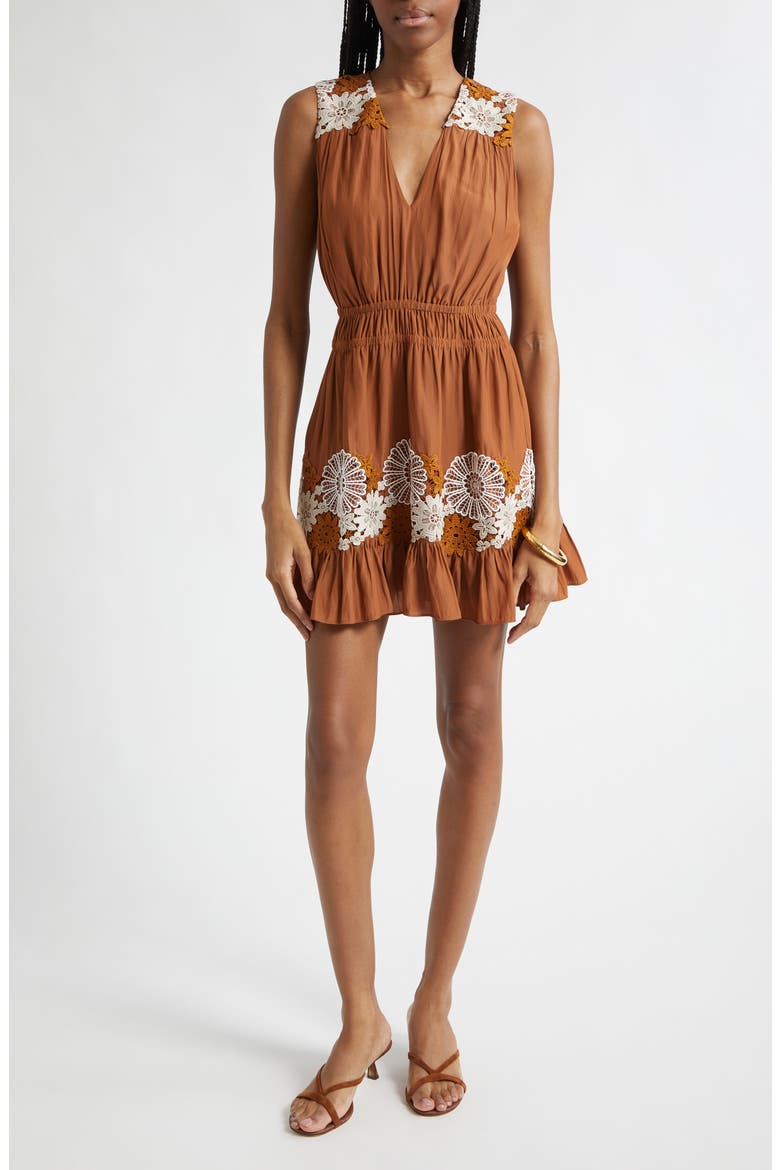 Mackenzie Floral Embroidery Detail Minidress, Main, color, COFFEE