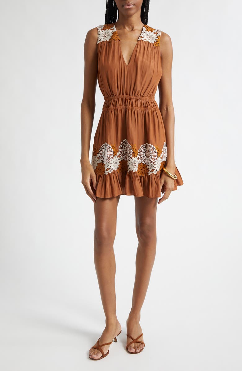 Ramy Brook Mackenzie Floral Embroidery Detail Minidress, Main, color, Coffee