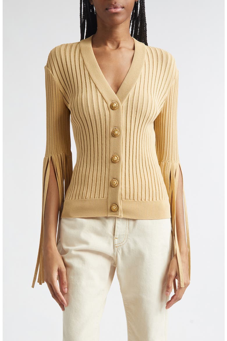 Fringe Sleeves Pointelle Rib Cardigan, Main, color, 1GQ YELLOW