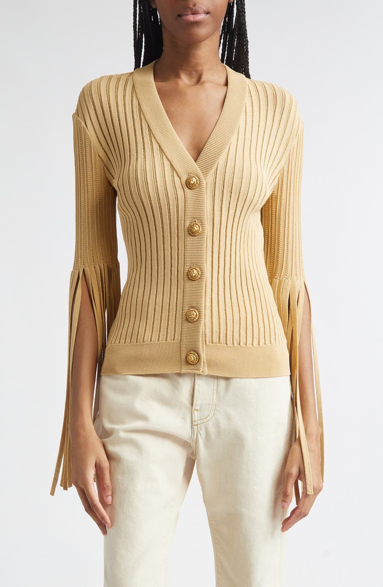 Balmain Fringe Sleeves Pointelle Rib Cardigan, Main, color, 1Gq Yellow