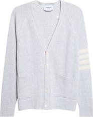 Thom Browne Relaxed Fit Crossover Tuck Stitch Linen & Cotton V-Neck Cardigan