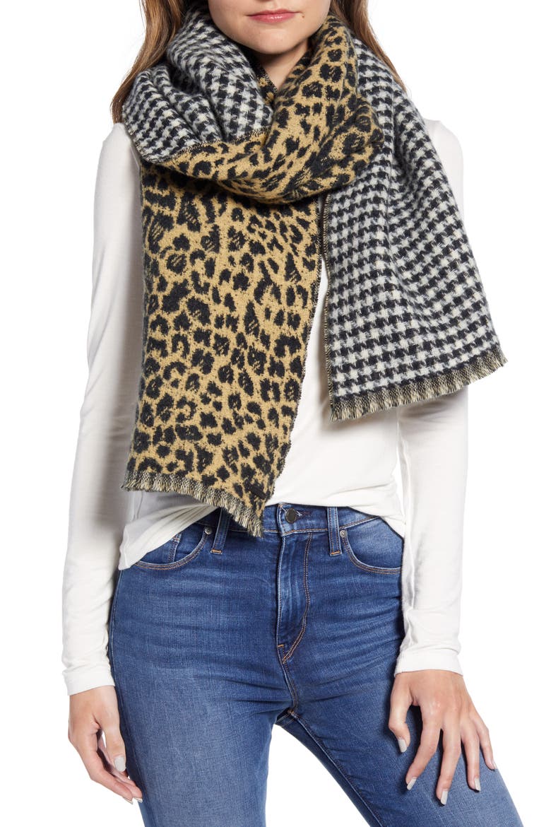 Reversible Leopard & Houndstooth Scarf, Main, color, BLACK