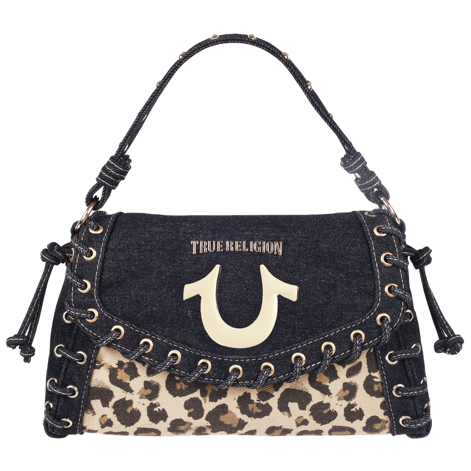 True Religion Denim Leopard Eyelet Trim Flap Bag, Main, color, Leopard/Black
