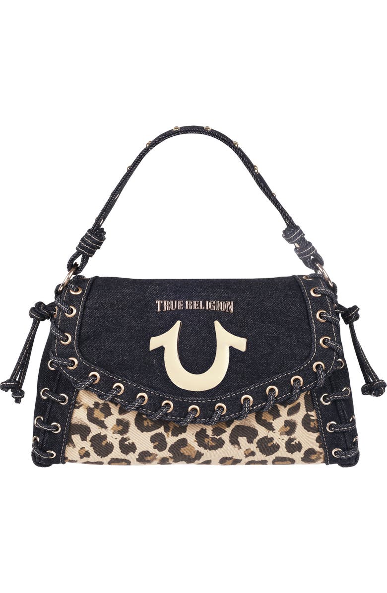 True Religion Denim Leopard Eyelet Trim Flap Bag, Main, color, Leopard/Black