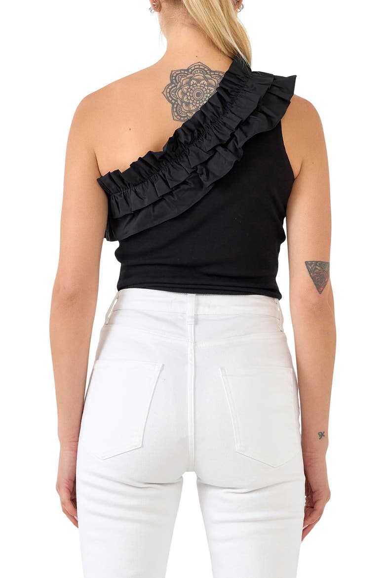 Ruffle One-Shoulder Bodysuit, Alternate, color, BLACK