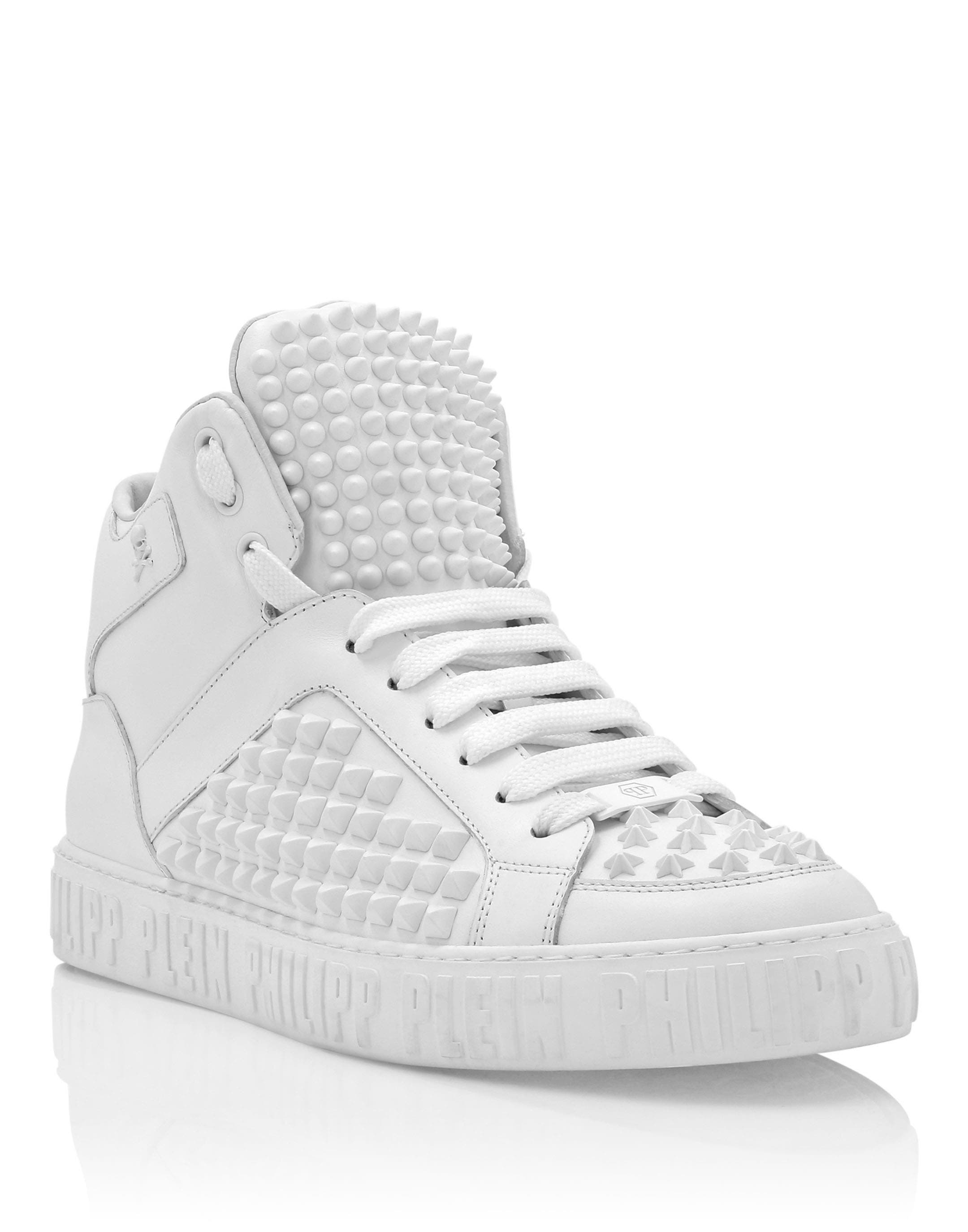 Nappa Leather Mid-Top Sneakers Studs Luxe Unisex, Main, color, white