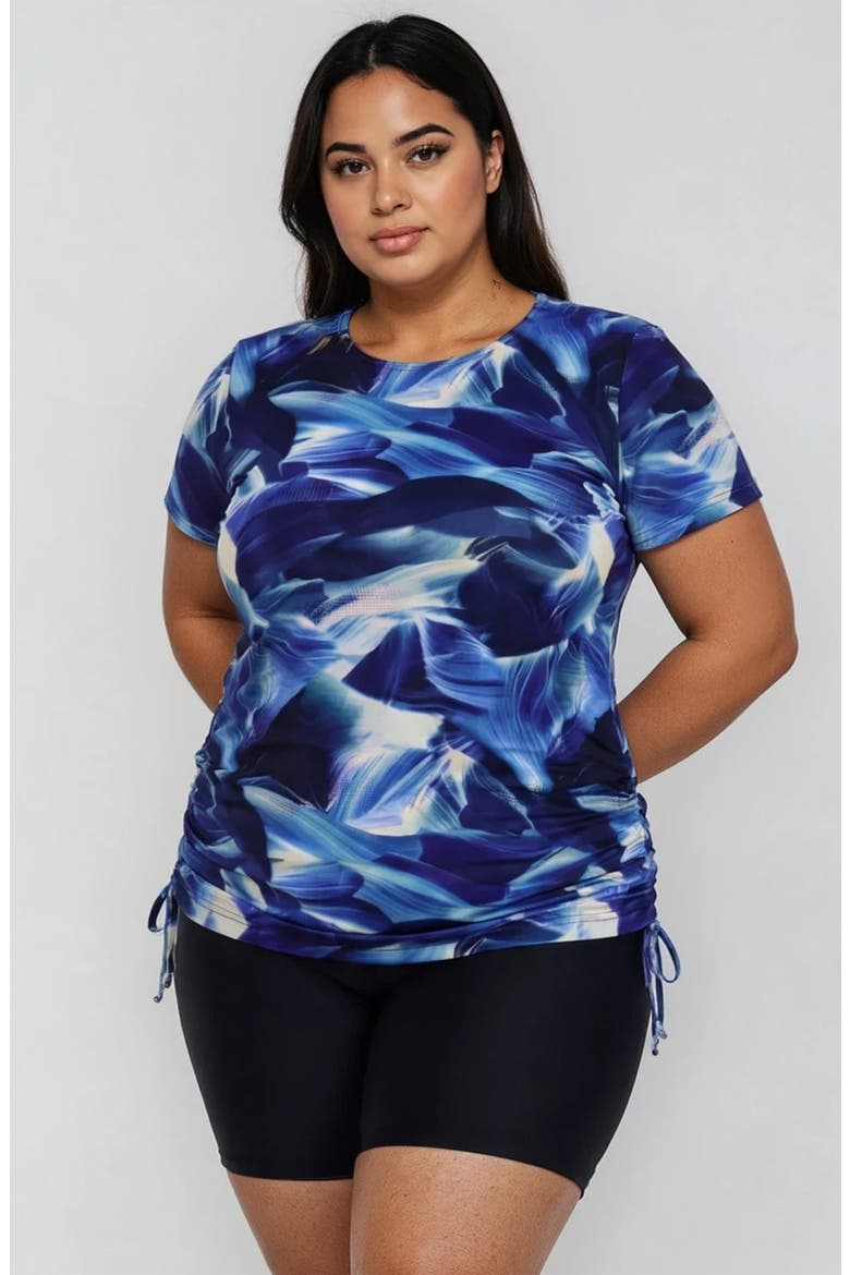 Plus Size Short Sleeve Adele Swim Top and Black Mid-Thigh Swim Shorts Set, Alternate, color, Navy Wave