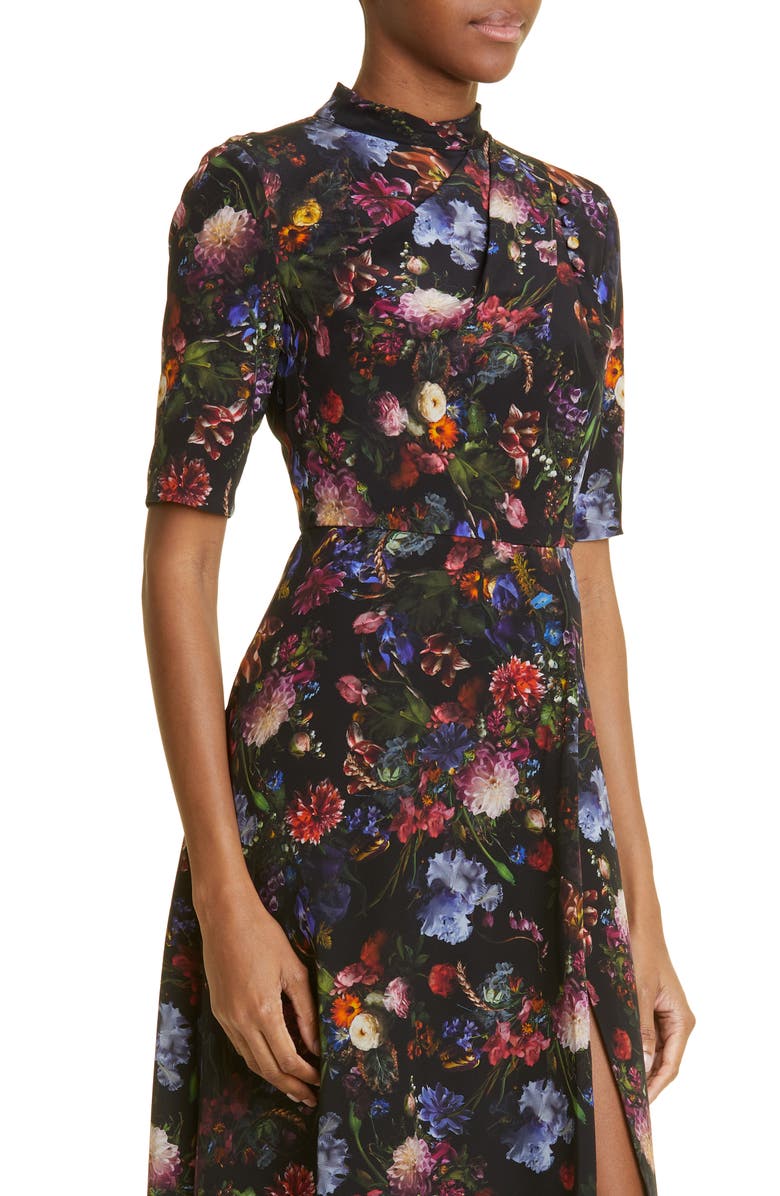 Adam Lippes Floral Print Pleated Neck Silk Dress, Alternate, color, 