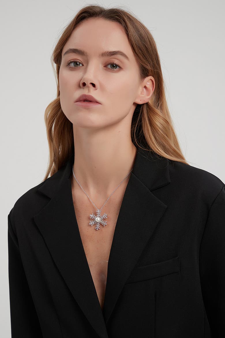 Pavé and Freshwater Pearl Snowflake Multi Way Brooch Pendant, Alternate, color, Silver
