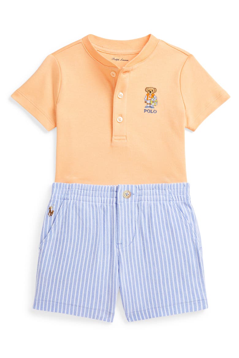 Embroidered Cotton Henley T-Shirt & Stripe Shorts Set, Main, color, SOFT CREAMSICLE