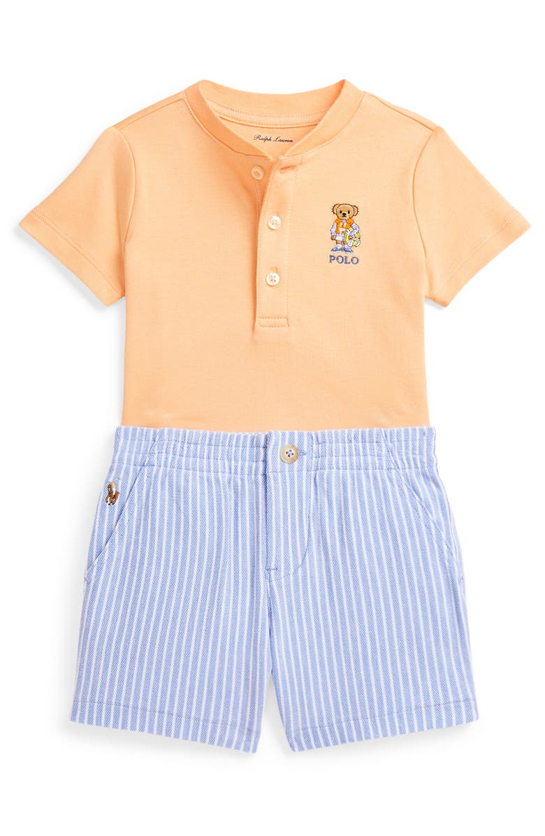 Ralph Lauren Embroidered Cotton Henley T-Shirt & Stripe Shorts Set, Main, color, 