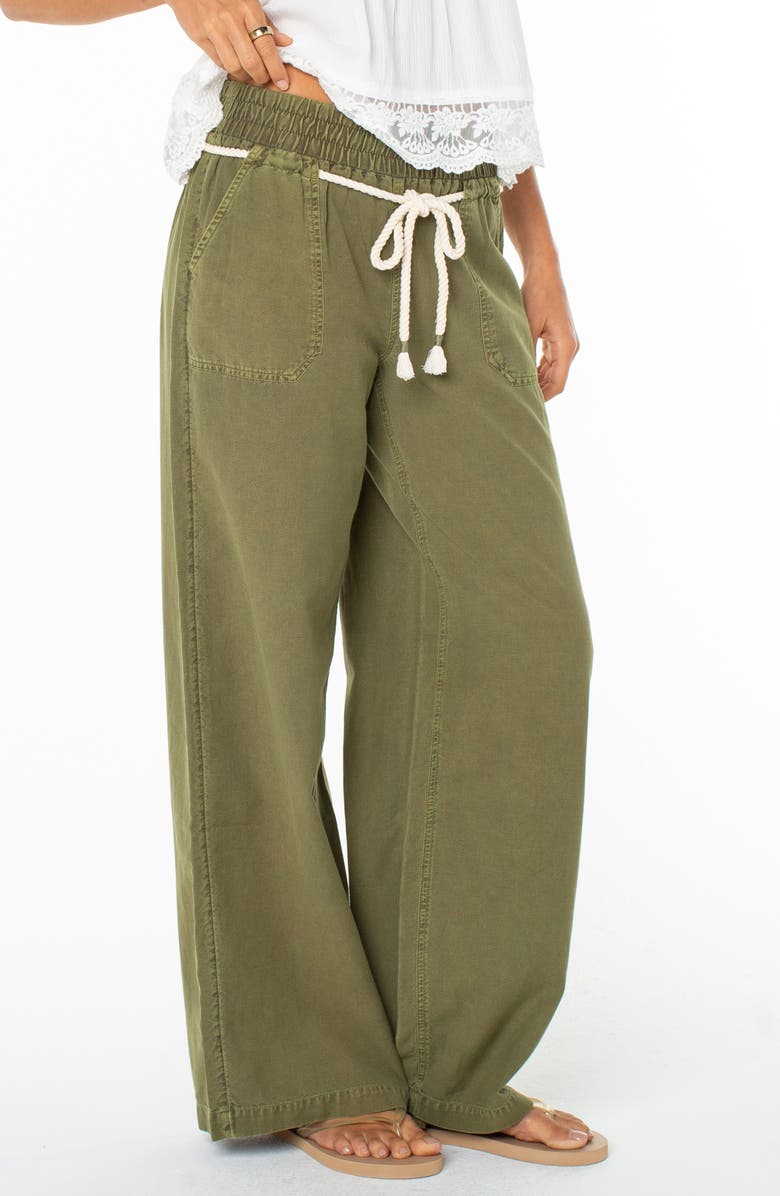 Roxy Paddle On Drawstring Cotton & Linen Pants, Alternate, color, Olive Branch