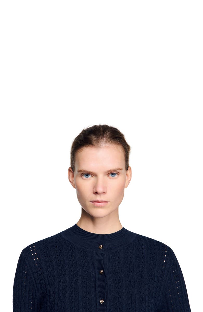 SANDRO Cropped textured knit cardigan, Alternate, color, Navy Blue