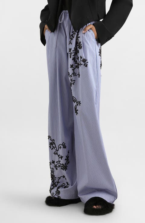 Embroidered Wide Leg Poplin Pants