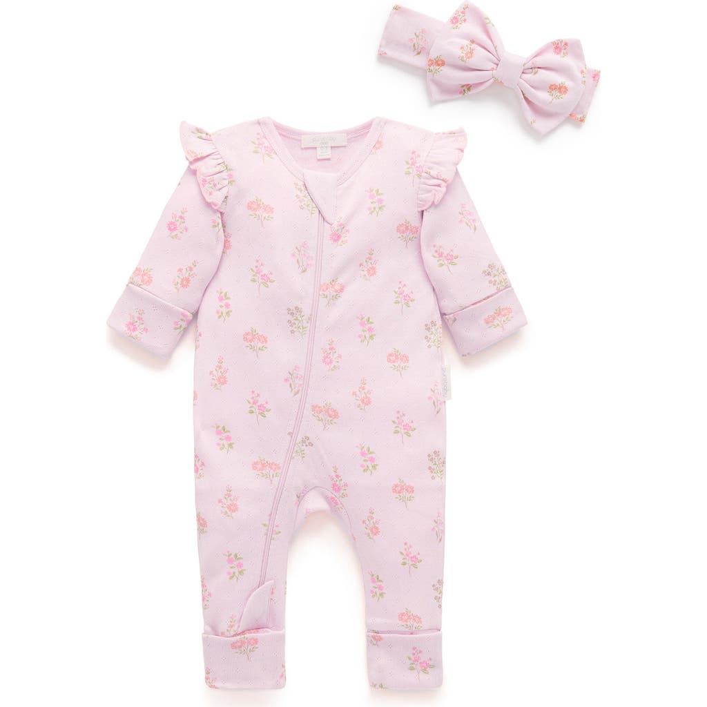 Purebaby Printed Zip Footie & Headband In Pink
