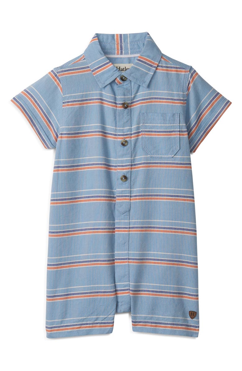 Hatley Stripe Cotton Chambray Romper, Main, color, Heritage Blue
