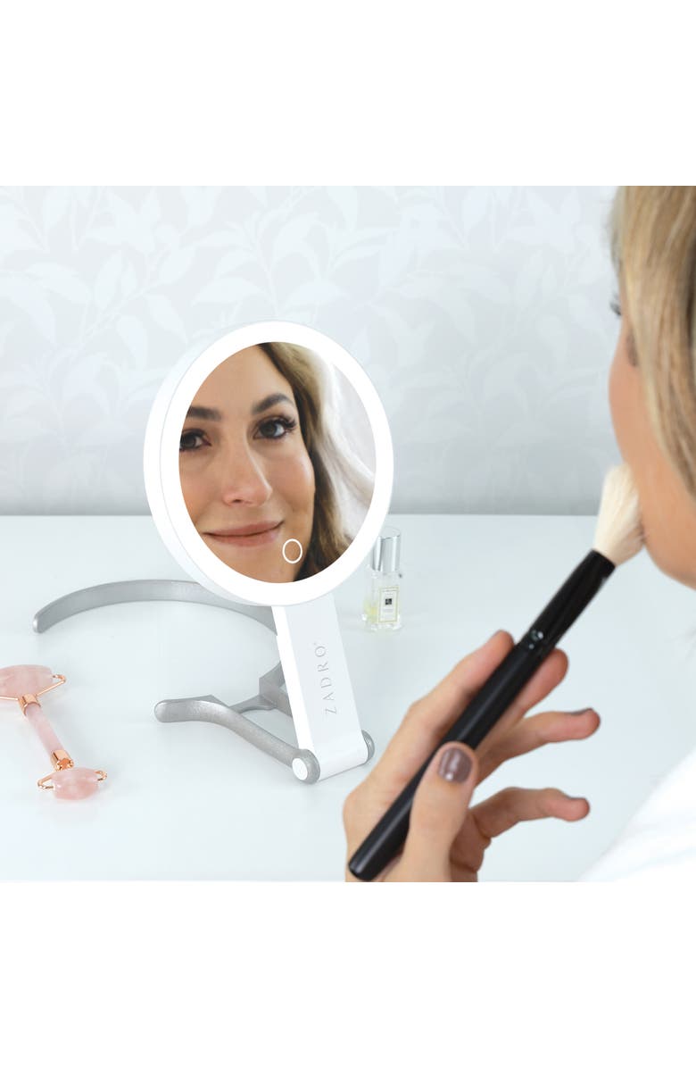 Zadro Multi-Position Lighted Travel Hand Mirror with 10X/1X Magnification, Alternate, color, White/Silver