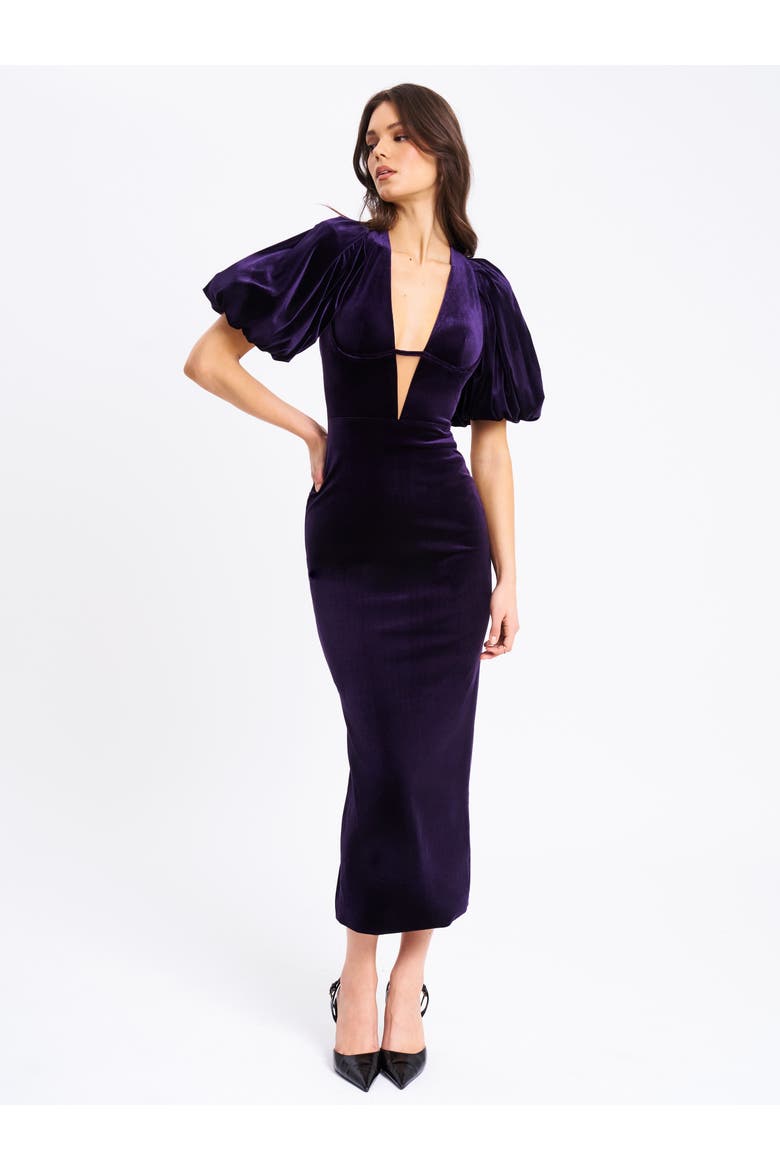 Coraline Velvet Bubble Sleeve Backless Maxi Dress, Alternate, color, Purple