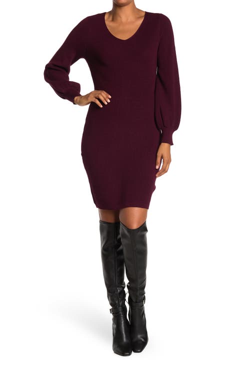 V-Neck Balloon Sleeve Sweater Dress
