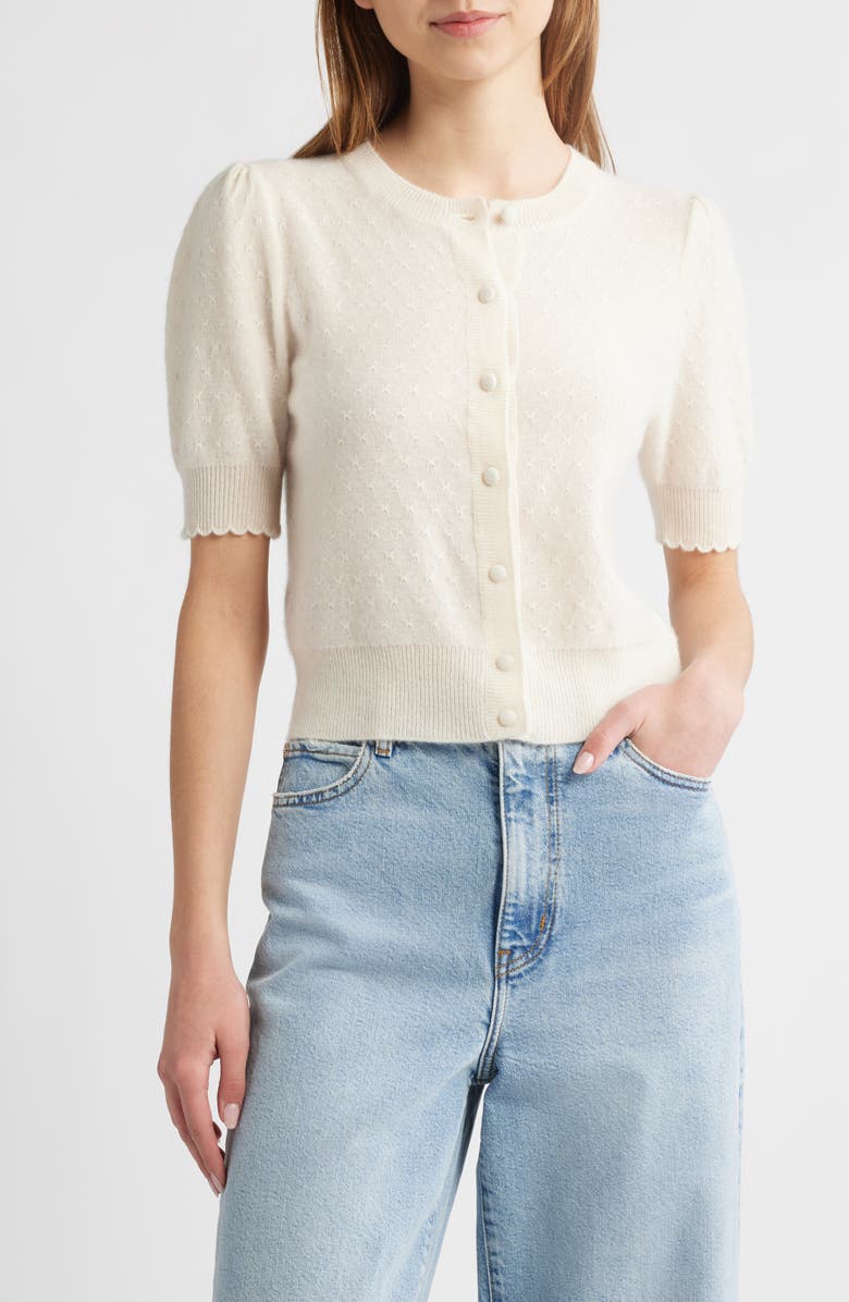 FRAME The Cashmere Pointelle Puff Sleeve Cardigan, Main, color, 