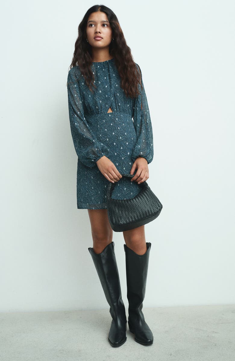 MANGO TEEN Cutout Long Sleeve Clip Dot Chiffon Dress, Alternate, color, Petrol Blue