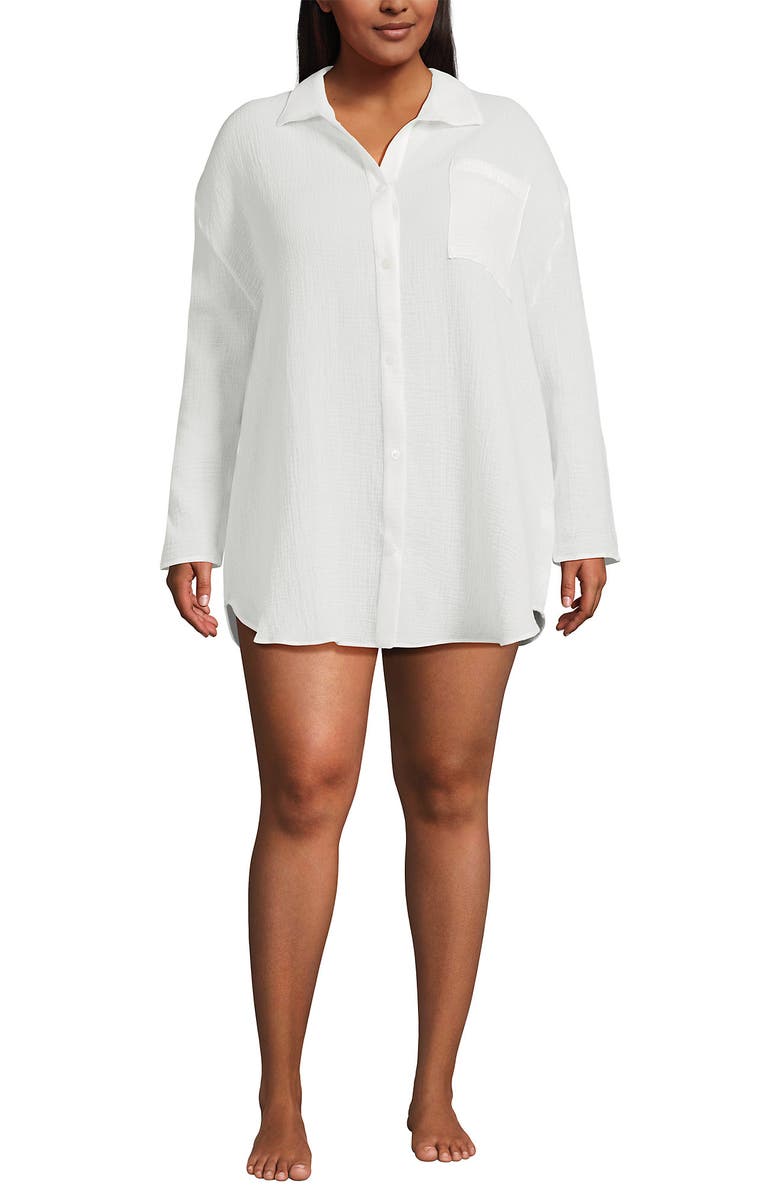 Lands' End Oversized Gauze Button Front Cover-Up Shirt, Main, color, White