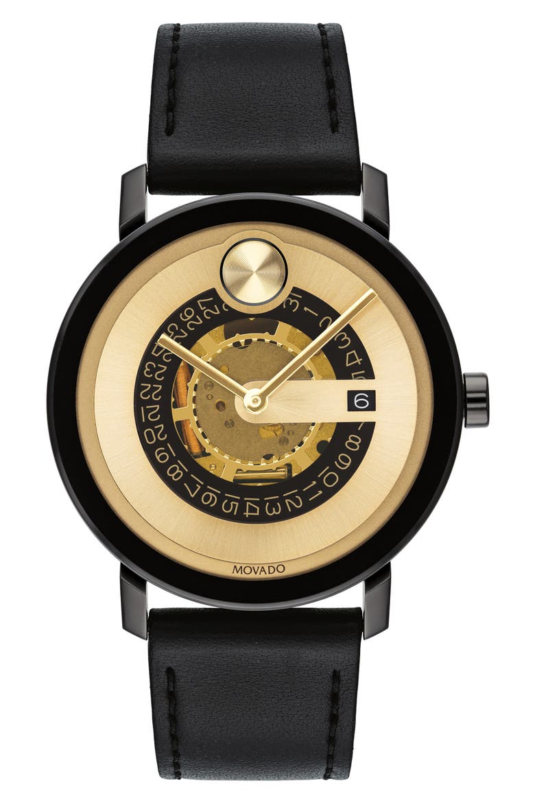 Bold Evolution Leather Strap Watch, 40mm, Main, color, BLACK/ GOLD/ BLACK