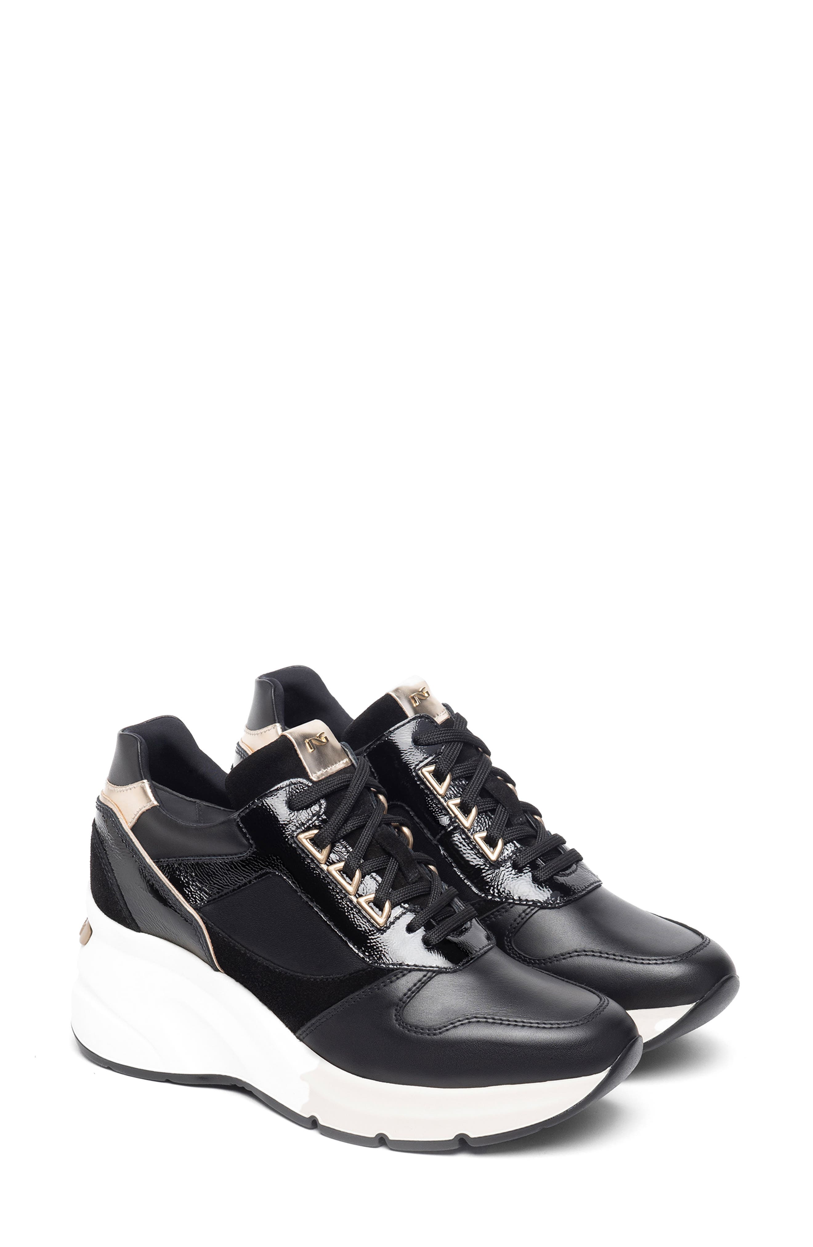 NeroGiardini Mixed Media Platform Wedge Sneaker, Main, color, Black
