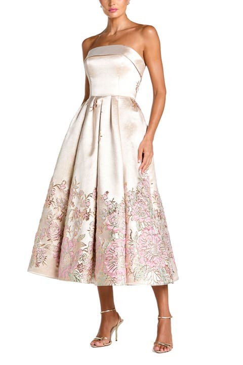 Strapless Brocade A Line Midi Dress