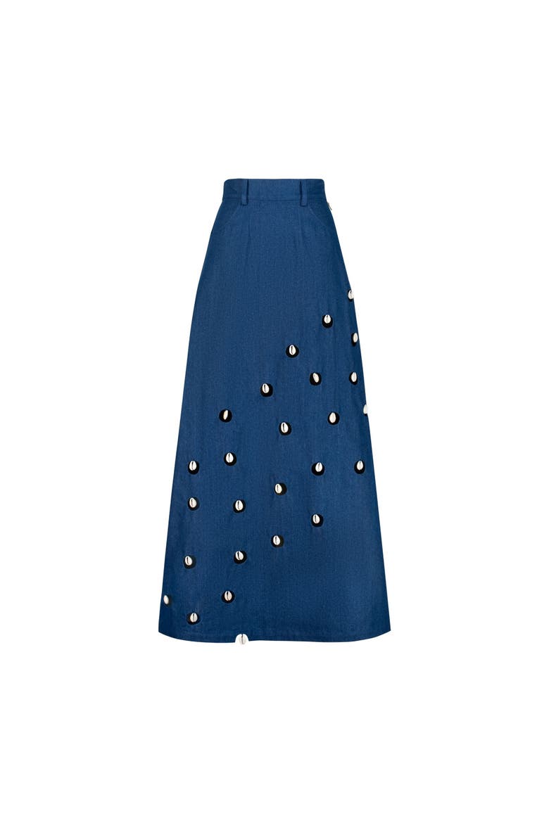 Cowrie Shell Embellished Denim Maxi Skirt, Main, color, Blue