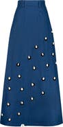 ÚCHÈ Cowrie Shell Embellished Denim Maxi Skirt